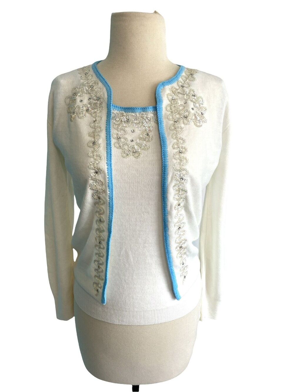 Vintage 1950's White Acrylic Sequin Sweater Set by Turbo Interlock Made in USA